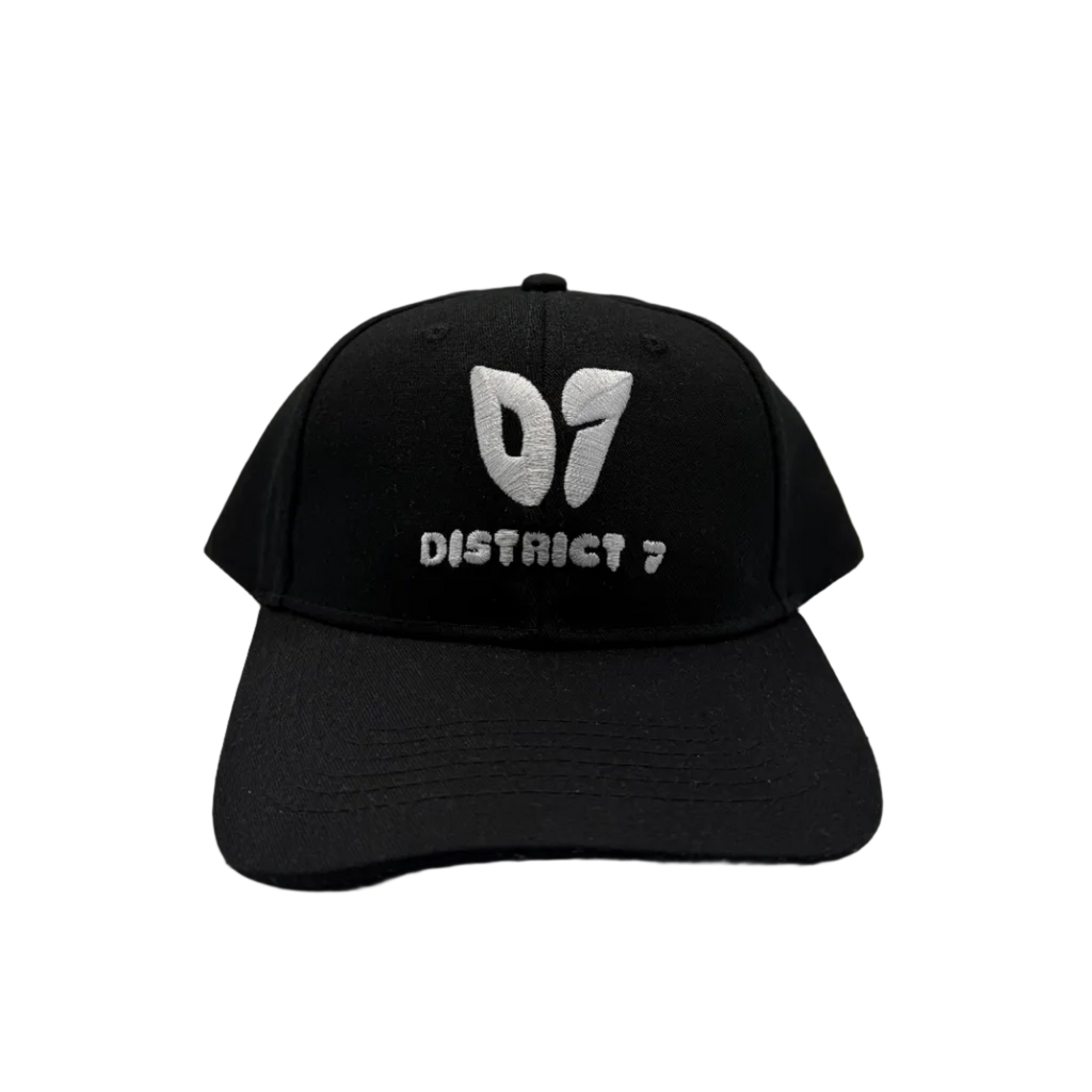 Black cap with 'D7 District 7' text in white