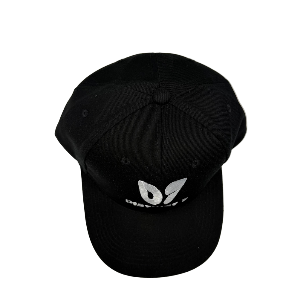 Black cap with a logo on a white background