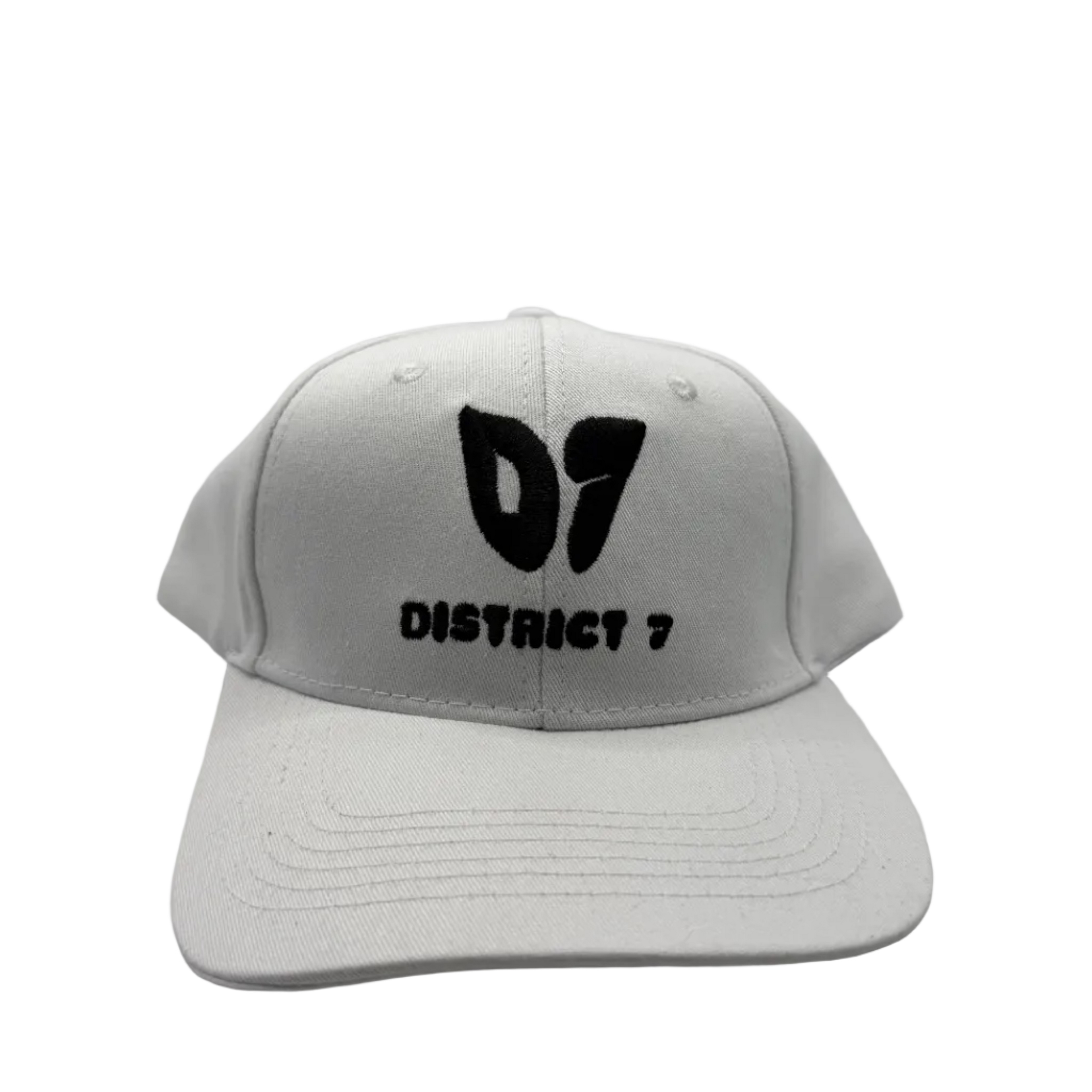 White cap with black text '07 District 7' on a white background