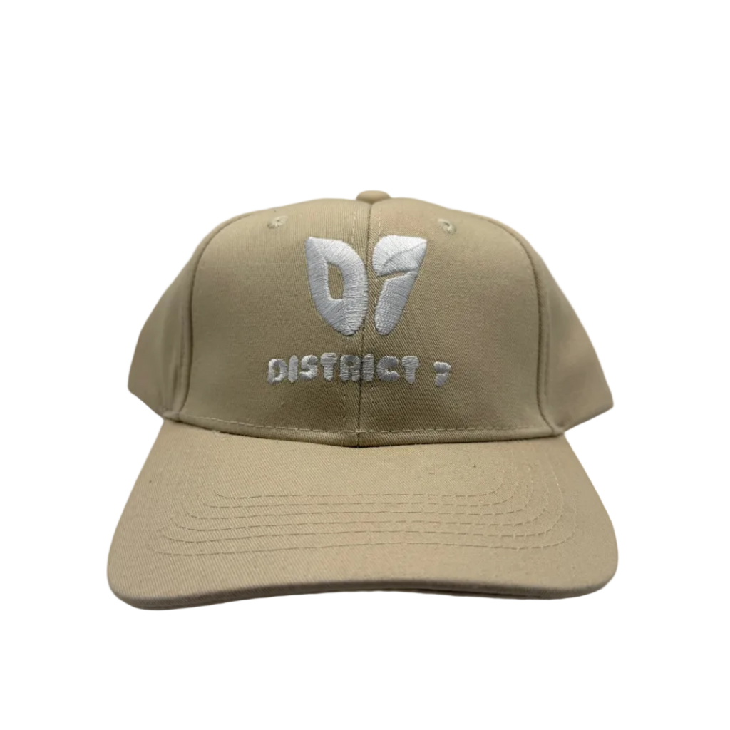 Beige cap with '07 District 7' text on a light gray background