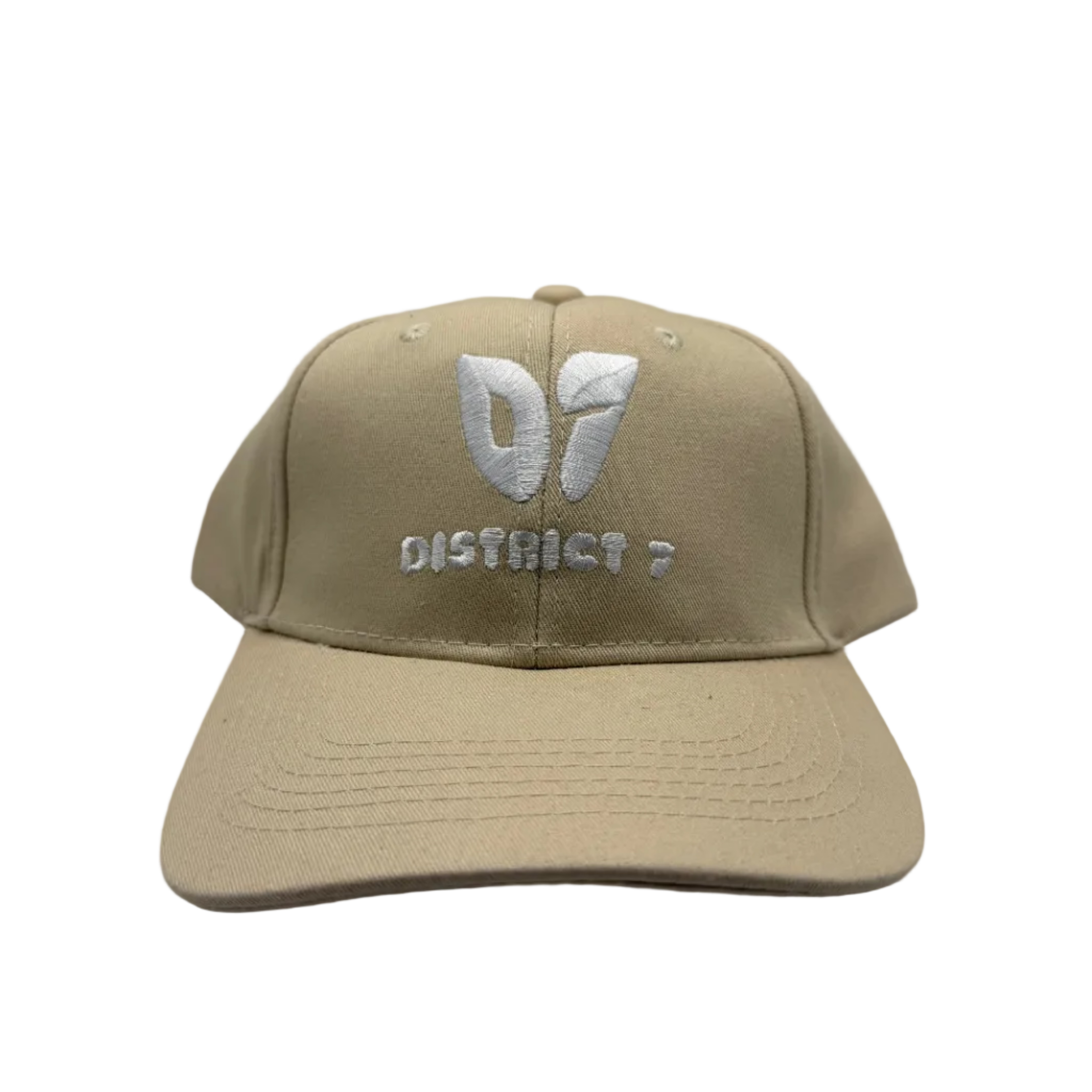 Beige cap with '07 District 7' text on a light gray background
