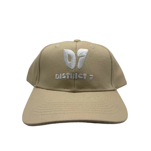 Beige cap with '07 District 7' text on a light gray background